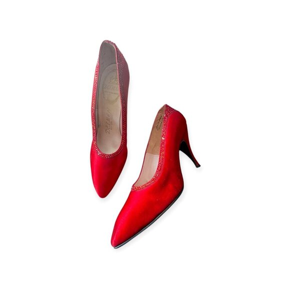 Vintage Delman Red Satin Rhinestone Heels 1950s Size 6B  Cocktail Pumps - Picture 2 of 15
